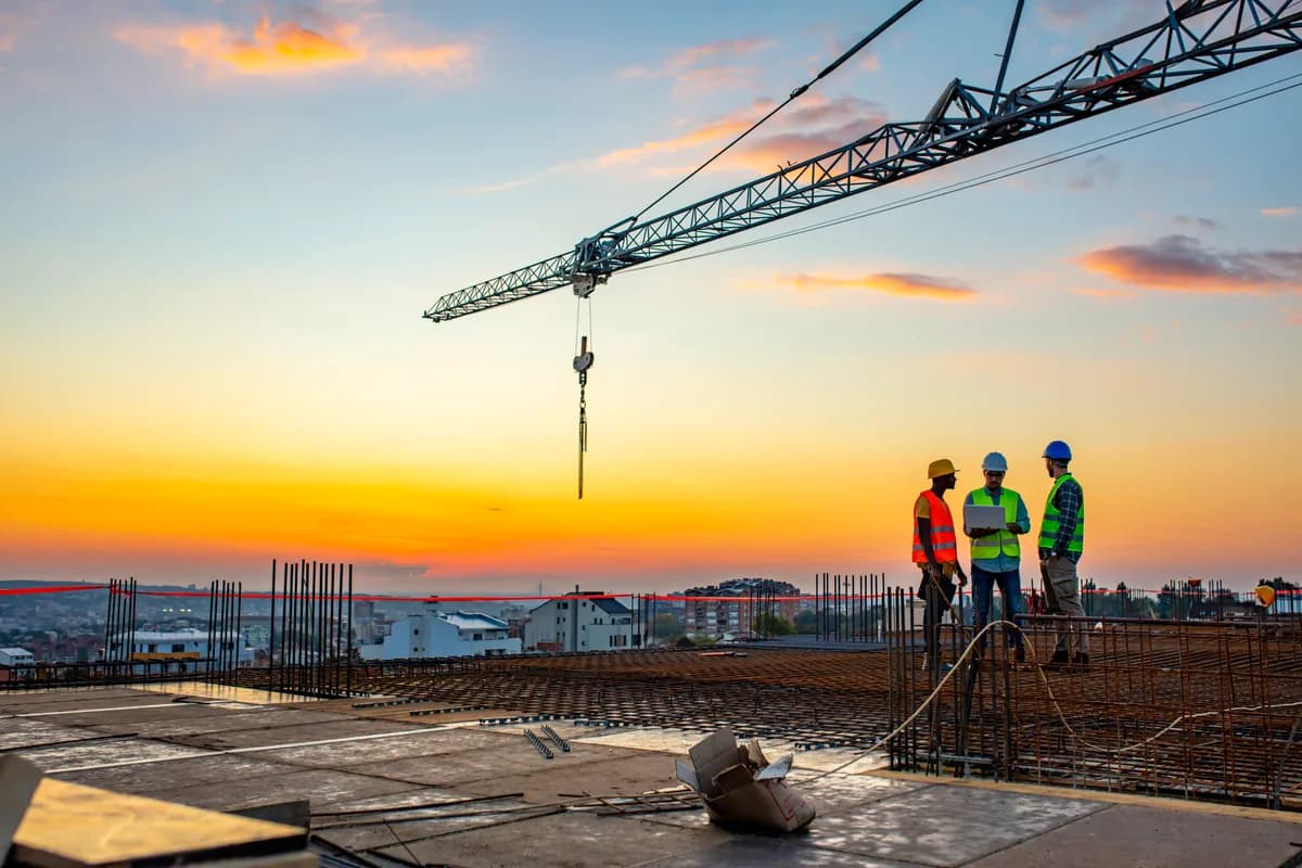 Construction site at sunset with modern building development and crane silhouette